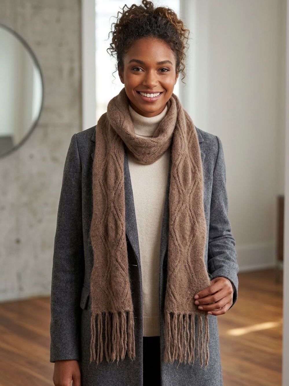 Women’s Rabbit Hair Blend Soft Cozy Brown Neck Scarf Fringe